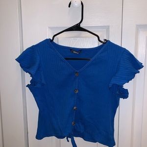 Cobalt Ribbed, Cropped Tie Shirt w/Ruffled Sleeves